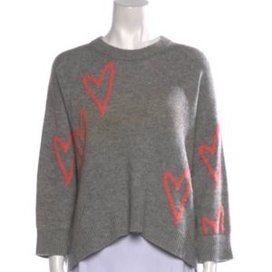 Size Small. Zadig and Voltaire grey cashmere sweater with oversized pink hearts.